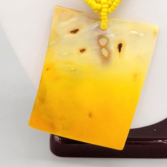 Yellow Beaded Necklace Multi Strand Rectangular Dyed Mother of Pearl Pendant - Picture 4 of 9
